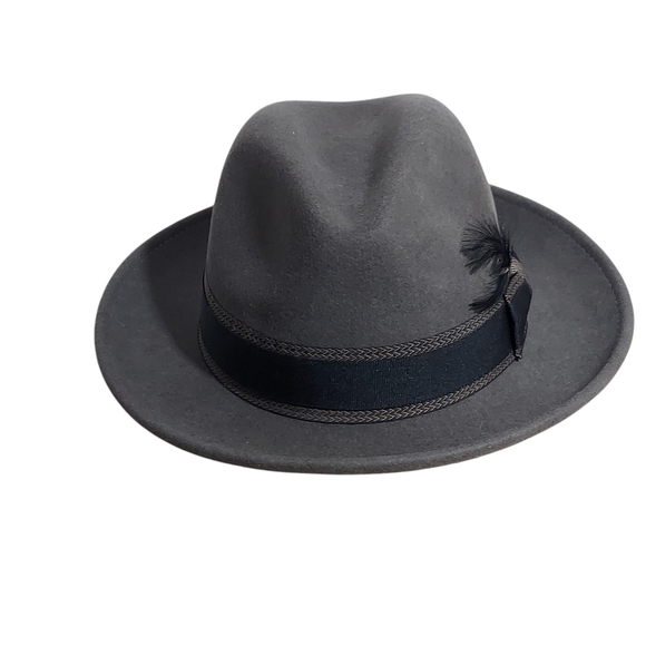 Hats in the Belfry 100% Gray Wool Fedora Black bow hatband and feather - Picture 10 of 15